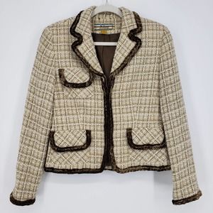 Y2K Allen by Allen Schwartz Tweed Blazer Jacket 8 Velvet Trim Vintage Tan Brown